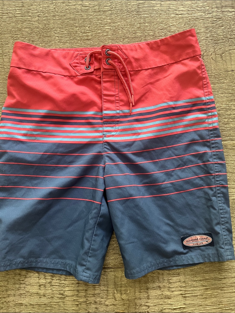 Vineyard Vines Coral Red and Navy Stripe Swim Shorts